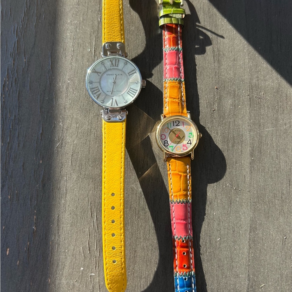 Anne Klein Vintage Watch Pair Abalone Shell Patchwork Band